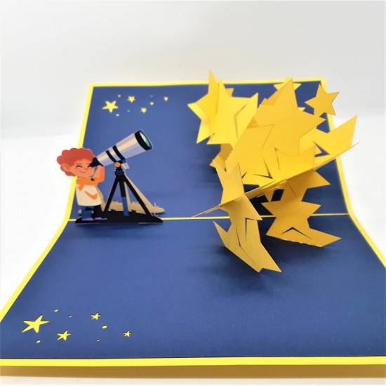 Handmade 3d Pop Up Card Kid Astronomical Telescope Stars Birthday Party Invitation Greetings Universe Zodiac Horoscope Astrology Astronaut New Job Valentine's Day