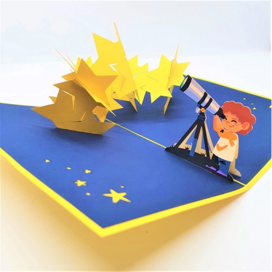 Handmade 3d Pop Up Card Kid Astronomical Telescope Stars Birthday Party Invitation Greetings Universe Zodiac Horoscope Astrology Astronaut New Job Valentine's Day