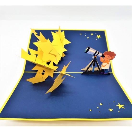 Handmade 3d Pop Up Card Kid Astronomical Telescope Stars Birthday Party Invitation Greetings Universe Zodiac Horoscope Astrology Astronaut New Job Valentine's Day