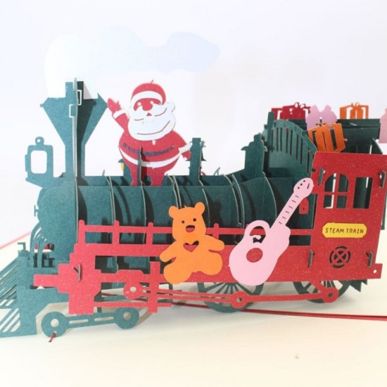 Handmade 3d Pop Up Christmas Card Vintage Steam Train Santa Claus Teddy Bear Guitar Music Drum Papercraft Laser Cut Origami Kirigami Greeting