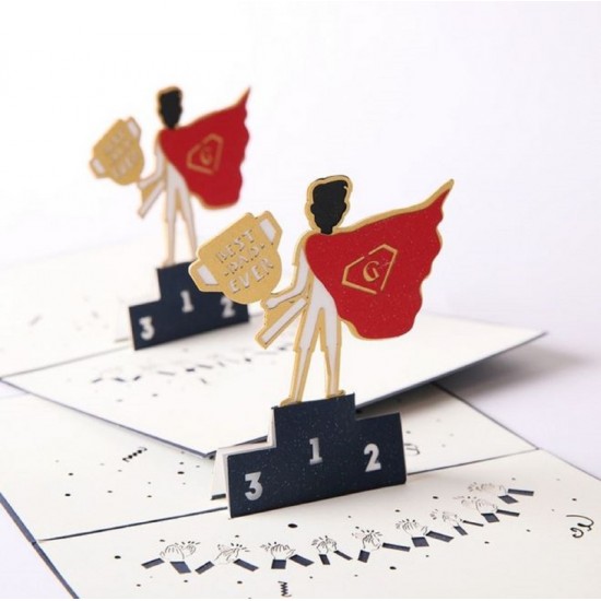 Handmade 3d Pop Up Father's Day Card Best Dad Ever Trophy Superman Hero Daddy,papa Birthday Greeting, Paper Craft Laser Cut Party Invitation