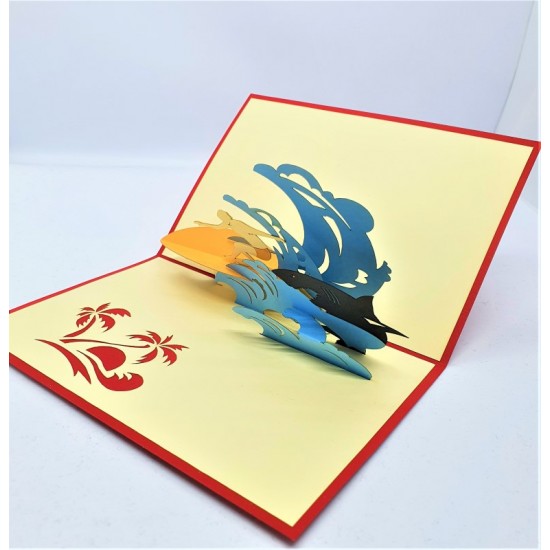 Handmade 3d Pop Up Card Surfing Surfer Sea Wave Shark Chasing Birthday Father's Day Valentine's Day Wedding Anniversary Holiday Outdoor Sport Invitation