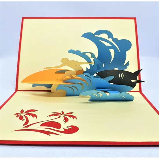 Handmade 3d Pop Up Card Surfing Surfer Sea Wave Shark Chasing Birthday Father's Day Valentine's Day Wedding Anniversary Holiday Outdoor Sport Invitation