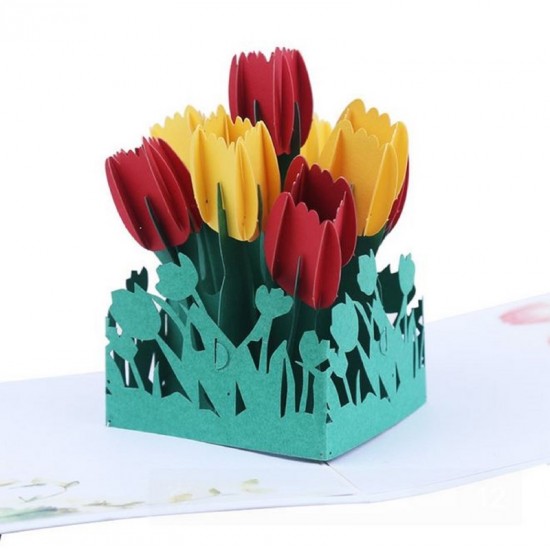 Handmade 3d Pop Up Birthday Card Tulip Mother's Day Wedding Anniversary Valentines Housewarming Vintage Garden Flower Graduation Engagement