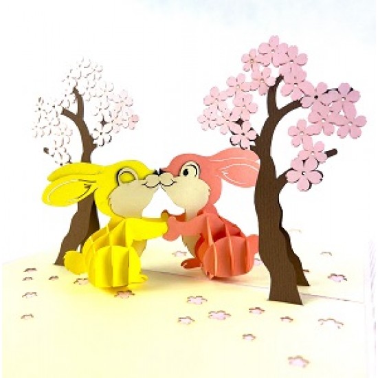 Handmade 3D Pop Up Card Two Rabbits Love Sakura Tree, Birthday, Wedding Anniversary, Engagement, Big Day, Valentine's Day, Congratulations, Blank Card