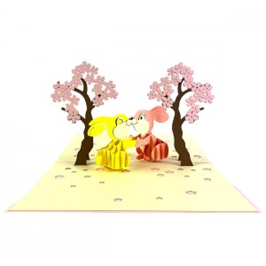 Handmade 3D Pop Up Card Two Rabbits Love Sakura Tree, Birthday, Wedding Anniversary, Engagement, Big Day, Valentine's Day, Congratulations, Blank Card