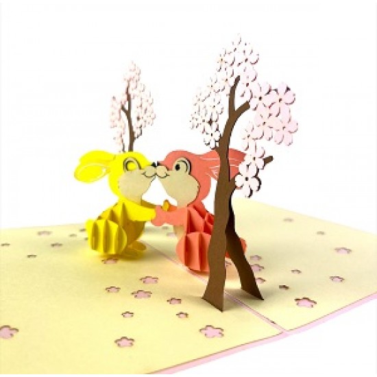 Handmade 3D Pop Up Card Two Rabbits Love Sakura Tree, Birthday, Wedding Anniversary, Engagement, Big Day, Valentine's Day, Congratulations, Blank Card