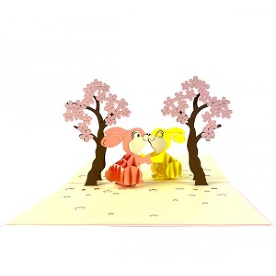 Handmade 3D Pop Up Card Two Rabbits Love Sakura Tree, Birthday, Wedding Anniversary, Engagement, Big Day, Valentine's Day, Congratulations, Blank Card