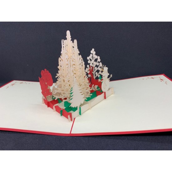 Handmade 3d Pop Up Christmas Xmas Card White Tree Cottage Country Santa Claus Gift Reindeer Snowman Star Papercraft Origami Kirigami Gift Greeting Ornament Decoration