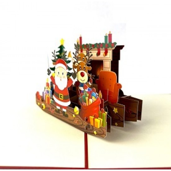 Handmade 3d Pop Up Card Happy Christmas Santa Claus Reindeer Fireplace Tree Gift Jingle Bells Candle Holly Star Socks Sofa Vintage Greetings Home Decorations