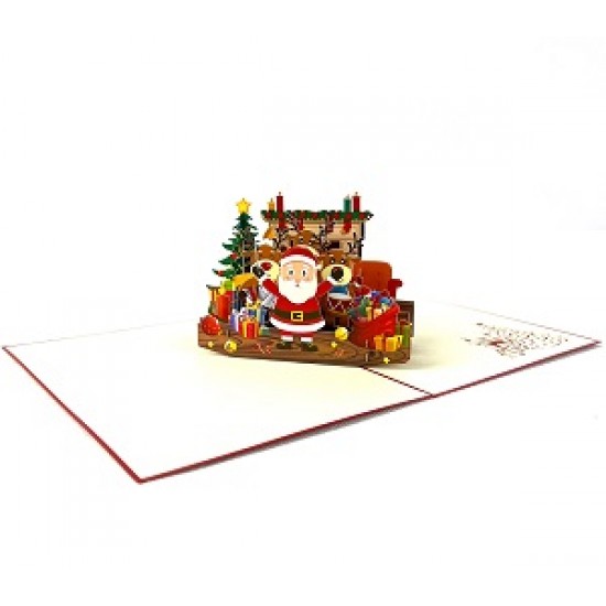 Handmade 3d Pop Up Card Happy Christmas Santa Claus Reindeer Fireplace Tree Gift Jingle Bells Candle Holly Star Socks Sofa Vintage Greetings Home Decorations