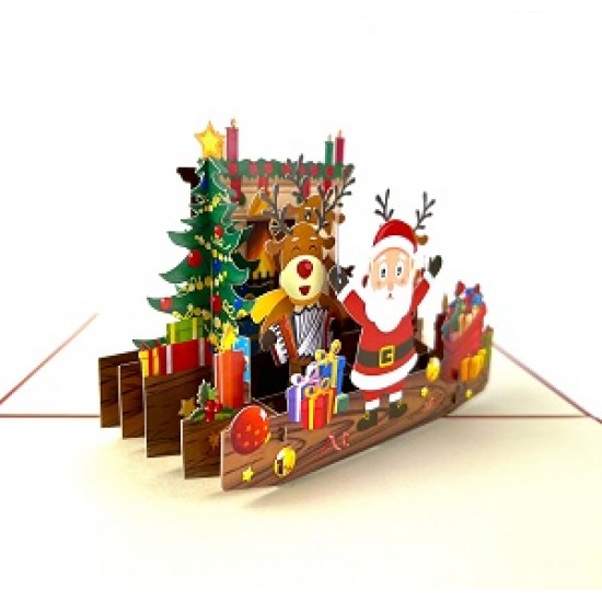 Handmade 3d Pop Up Card Happy Christmas Santa Claus Reindeer Fireplace Tree Gift Jingle Bells Candle Holly Star Socks Sofa Vintage Greetings Home Decorations