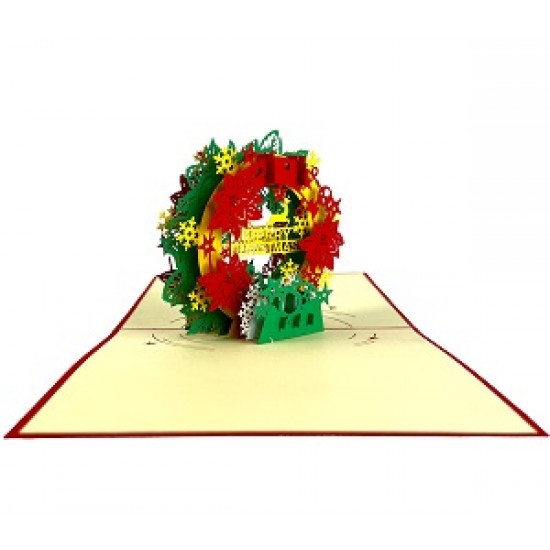 Handmade 3d Pop Up Xmas Card Happy Christmas Green Red Wreath Vintage Origami Greetings Xmas Gift Ornament Decorations