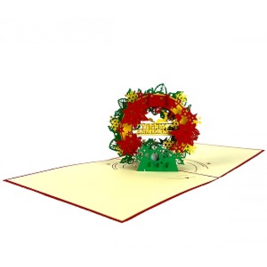 Handmade 3d Pop Up Xmas Card Happy Christmas Green Red Wreath Vintage Origami Greetings Xmas Gift Ornament Decorations