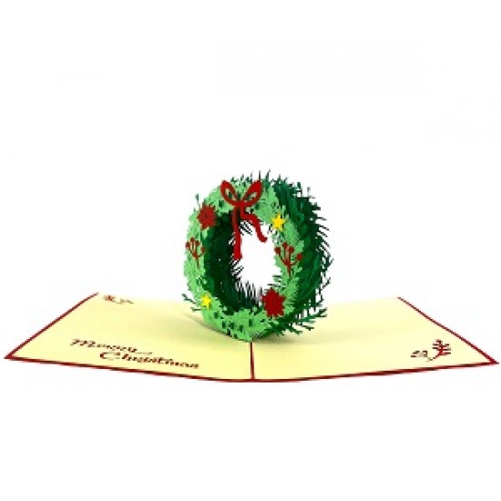 Handmade 3D Pop Up Xmas Card Happy Christmas Green Wreath Red Bow Yellow Star Seasonal Greetings Gift Ornament Decorations