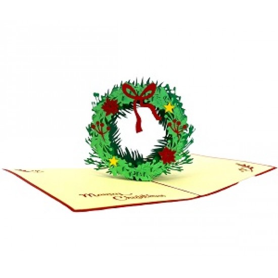 Handmade 3D Pop Up Xmas Card Happy Christmas Green Wreath Red Bow Yellow Star Seasonal Greetings Gift Ornament Decorations