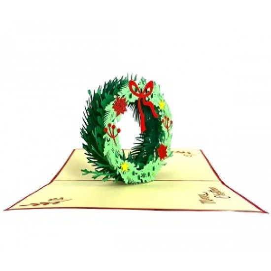 Handmade 3D Pop Up Xmas Card Happy Christmas Green Wreath Red Bow Yellow Star Seasonal Greetings Gift Ornament Decorations