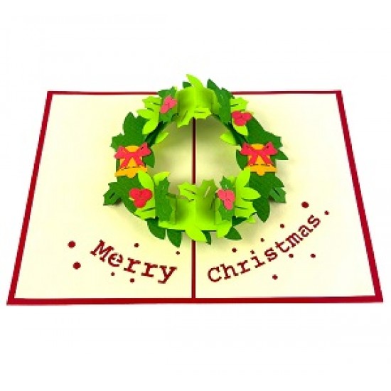 Handmade 3D Pop Up Xmas Card Merry Christmas Red Green Wreath Jingle Bells Seasonal Greetings