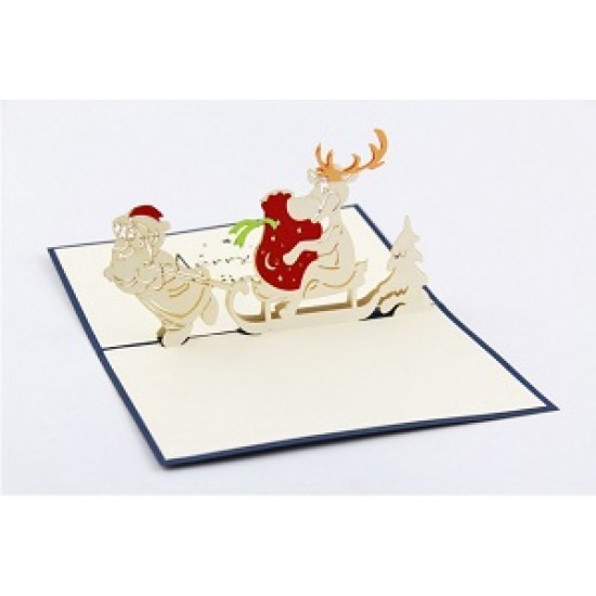 Handmade 3D Pop Up Card Merry Christmas Santa Claus Sledge Reindeer Gift Delivery Journey Silent Night Eve Greeting Love Friendship Kirigami