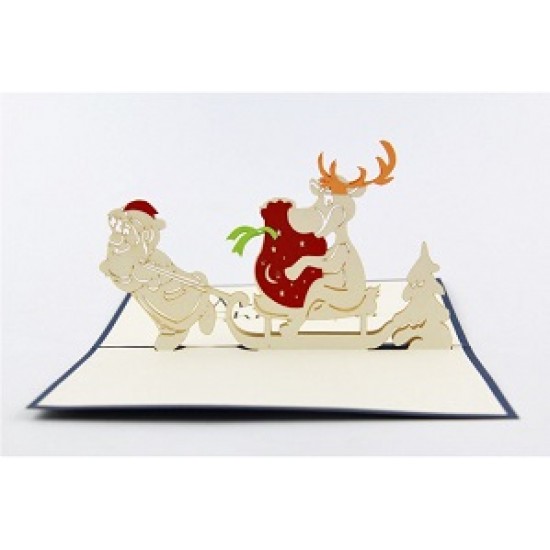 Handmade 3D Pop Up Card Merry Christmas Santa Claus Sledge Reindeer Gift Delivery Journey Silent Night Eve Greeting Love Friendship Kirigami