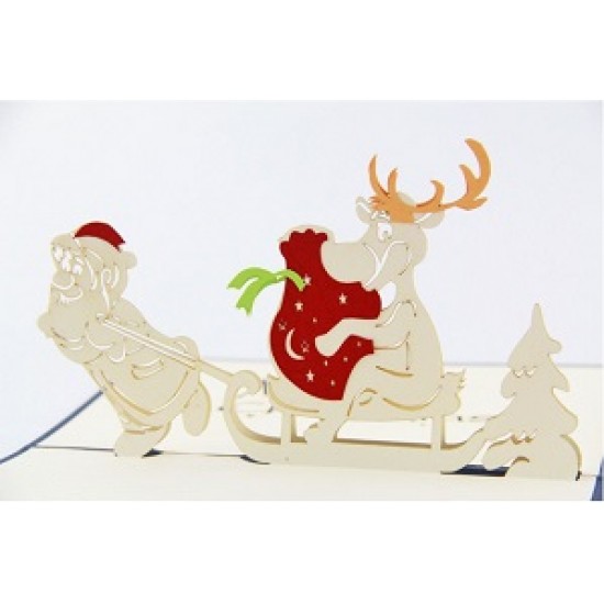 Handmade 3D Pop Up Card Merry Christmas Santa Claus Sledge Reindeer Gift Delivery Journey Silent Night Eve Greeting Love Friendship Kirigami