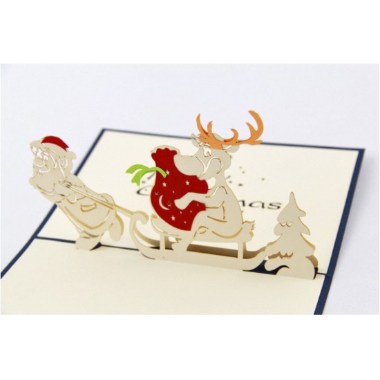 Handmade 3D Pop Up Card Merry Christmas Santa Claus Sledge Reindeer Gift Delivery Journey Silent Night Eve Greeting Love Friendship Kirigami