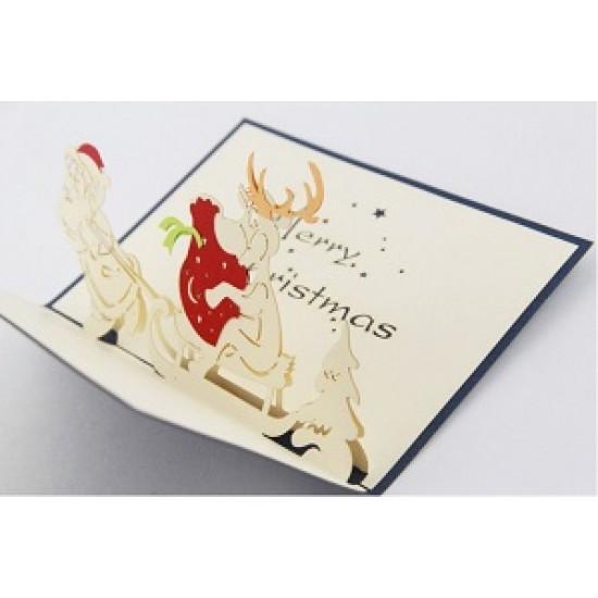 Handmade 3D Pop Up Card Merry Christmas Santa Claus Sledge Reindeer Gift Delivery Journey Silent Night Eve Greeting Love Friendship Kirigami