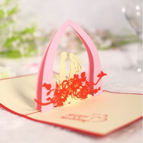 Handmade 3d Pop Up Wedding Card Bridge Groom Big Day Romantic Vintage Victorian Pink Red Outdoor Arch Garden Church Country Party Invitation