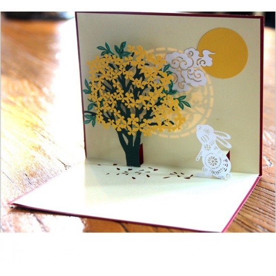 Handmade 3D Pop Up Card Rabbit Moon Tree Birthday Easter Mother's day Father's day Wedding Anniversary Valentine's day New Pet Animal New Home New Garden Thank you Retirement Mid Autumn Festival Blank Card