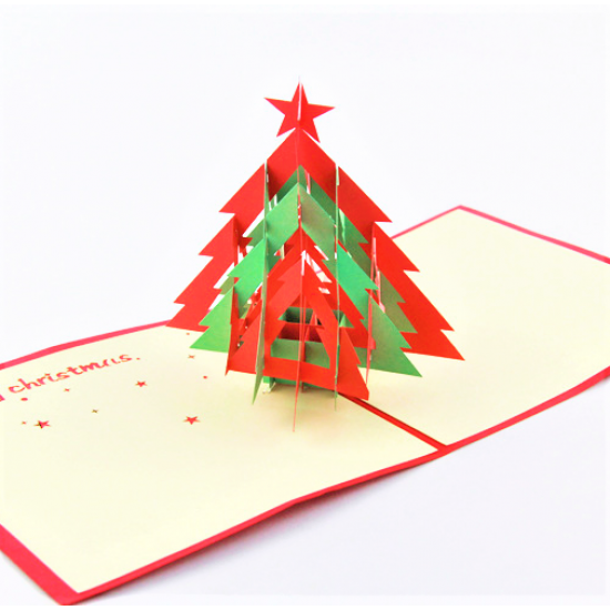 Handmade 3D Pop Up Christmas Card, Greeting Card, Happy Christmas Red Green Evergreen Conifer Pine Tree Card